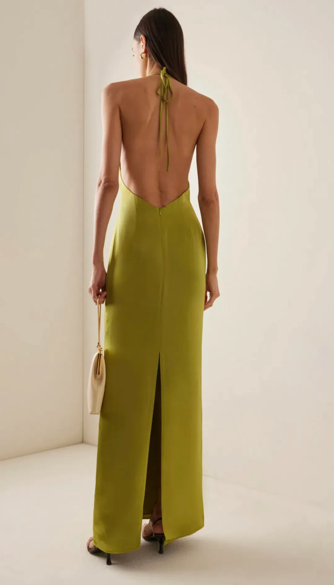 STAUD Janet Satin Halterneck Maxi Dress Lime Green Size 8 for rent on The Volte - main image