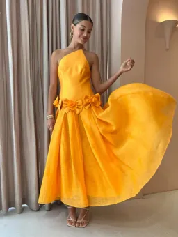Alemais Macie One Shoulder Rosette Dress in Saffron Size 8 for rent on The Volte - image 2