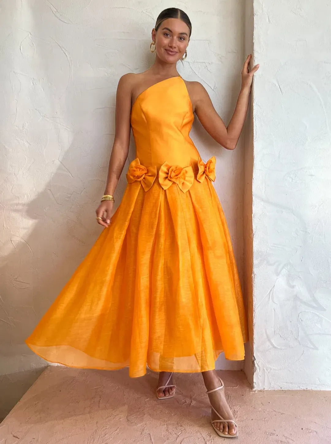 Alemais Macie One Shoulder Rosette Dress in Saffron Size 8 for rent on The Volte - main image