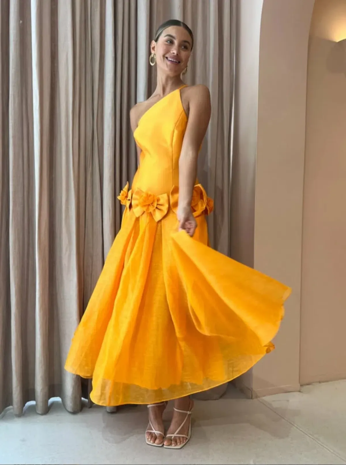 Alemais Macie One Shoulder Rosette Dress in Saffron Size 8 - Image 5