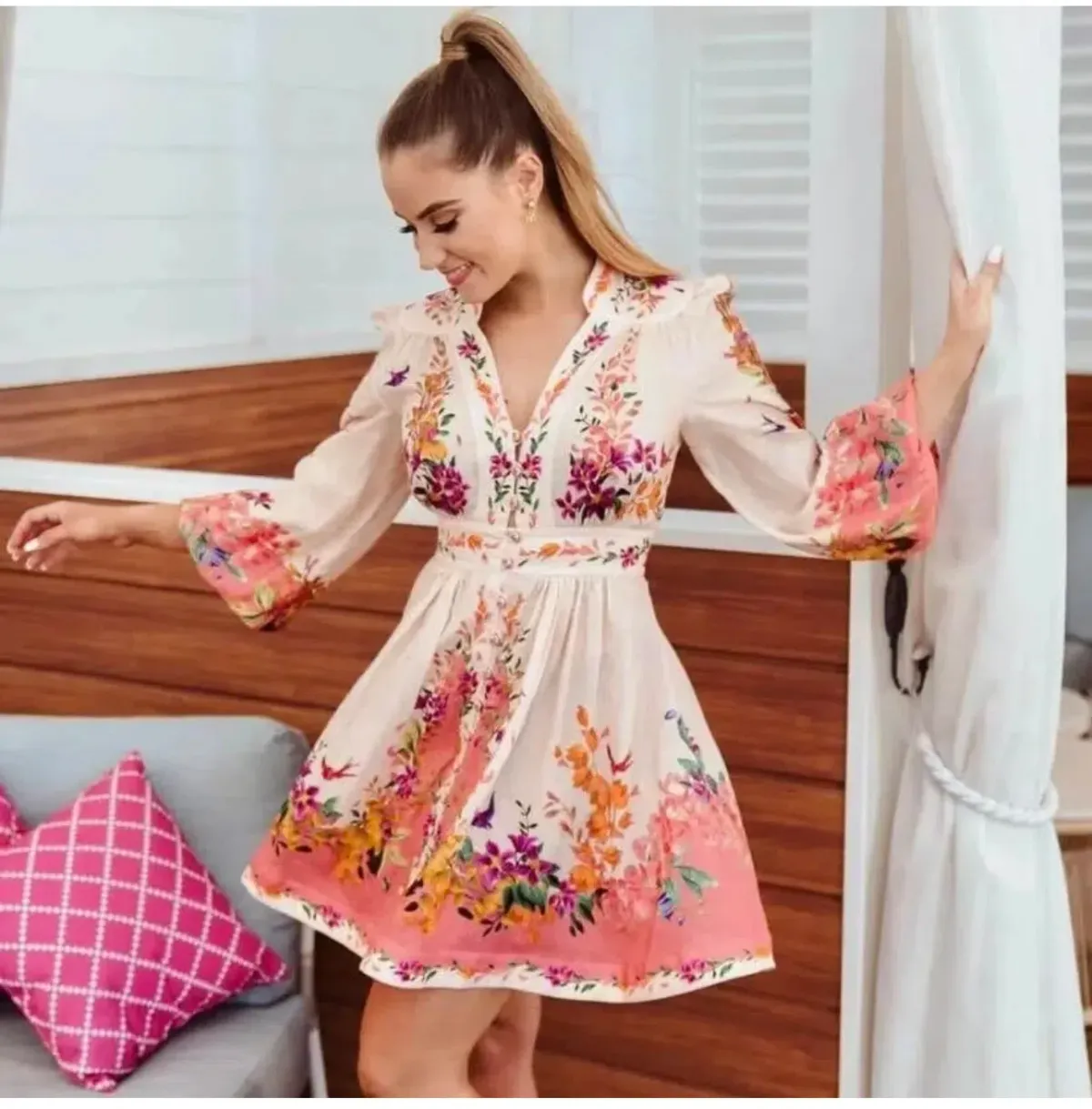 Zimmermann Tropicana Plunge Mini Dress Cream Floral Size 3 / AU 14 - Image 2