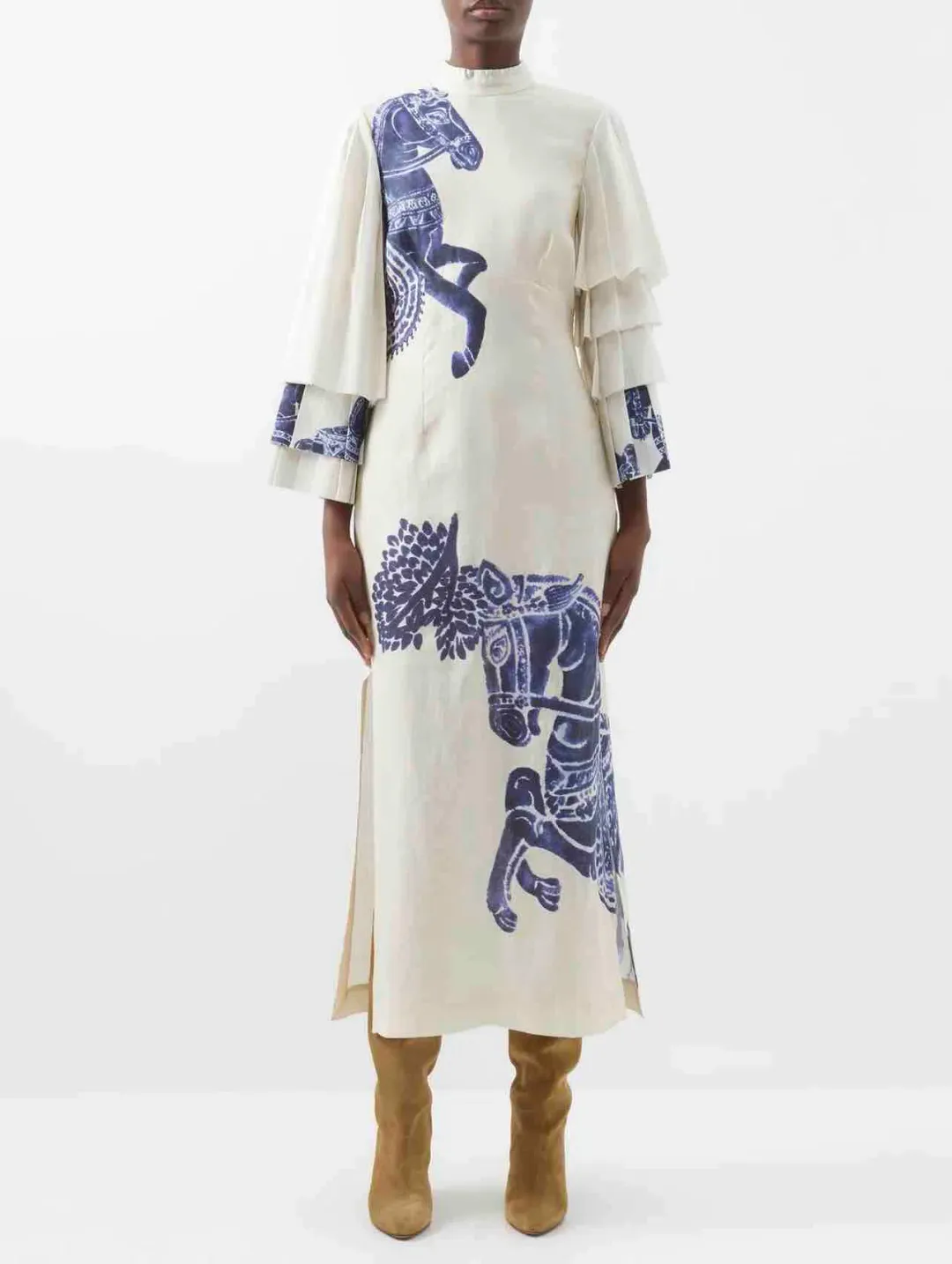 Alemais Rider Pleat Sleeve Midi Dress Cream/Blue Size 14 for rent on The Volte - main image