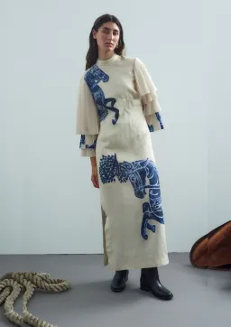 Alemais Rider Pleat Sleeve Midi Dress Cream/Blue Size 14 for rent on The Volte - image 1