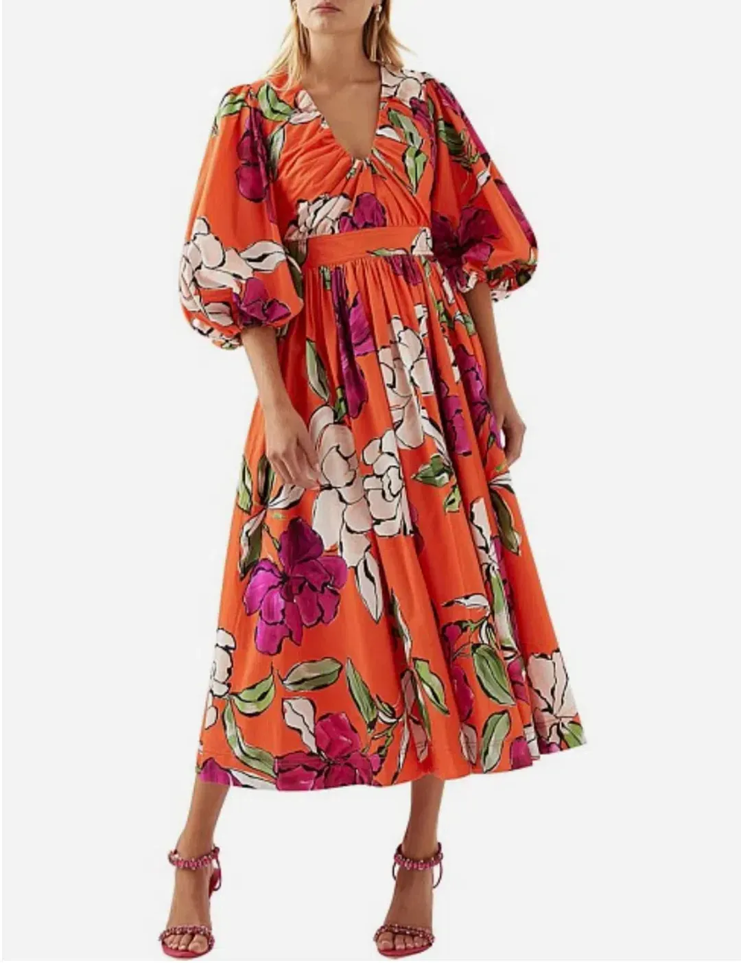 Aje Marlene Floral Midi Dress Vivid Camellia Size 4 for rent on The Volte - main image