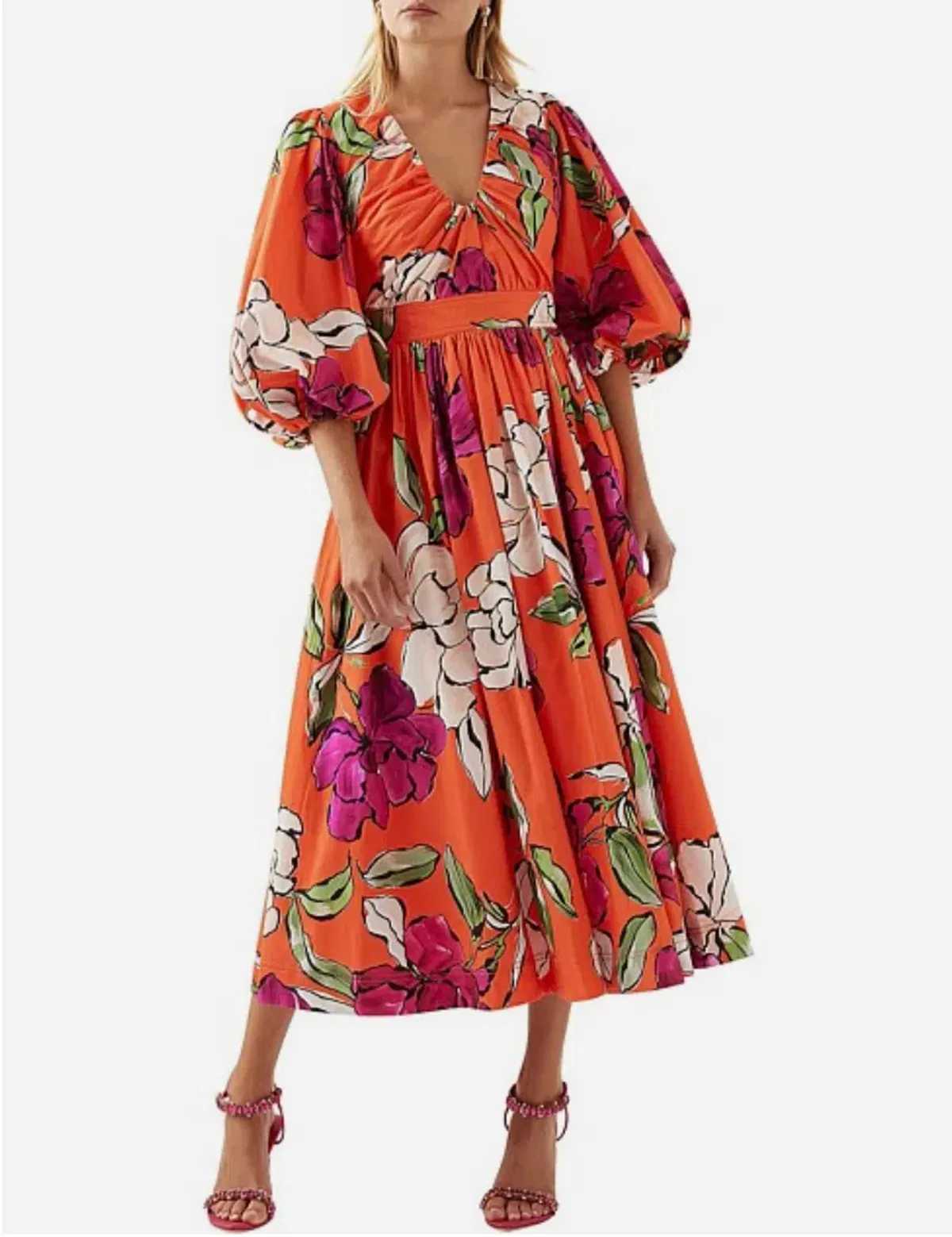 Aje Marlene Floral Midi Dress Vivid Camellia Size 4 - Image 5