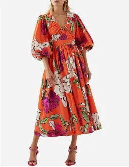 Aje Marlene Floral Midi Dress Vivid Camellia Size 4 for rent on The Volte - image 5