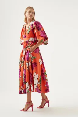 Aje Marlene Floral Midi Dress Vivid Camellia Size 4 for rent on The Volte - image 2