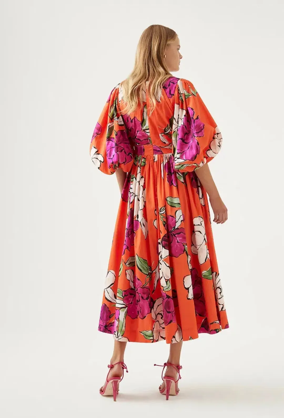 Aje Marlene Floral Midi Dress Vivid Camellia Size 4 for rent on The Volte - main image