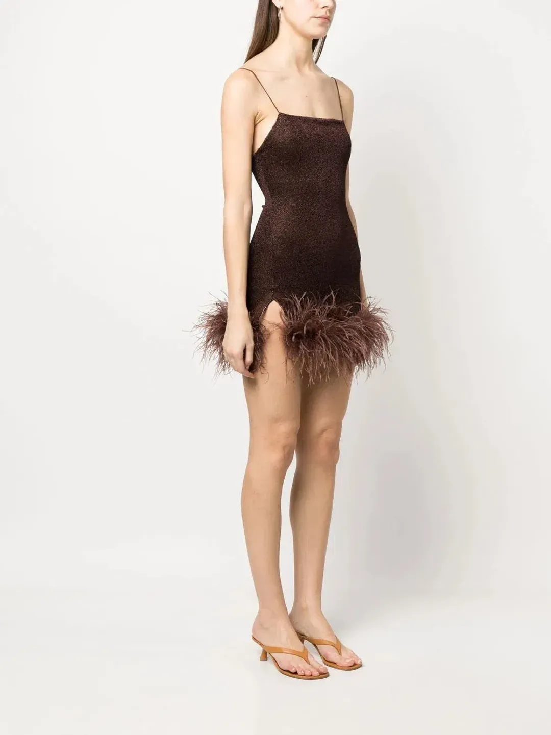 Oséree Feather Trim Glitter Mini Dress Brown Size 10 for rent on The Volte - main image