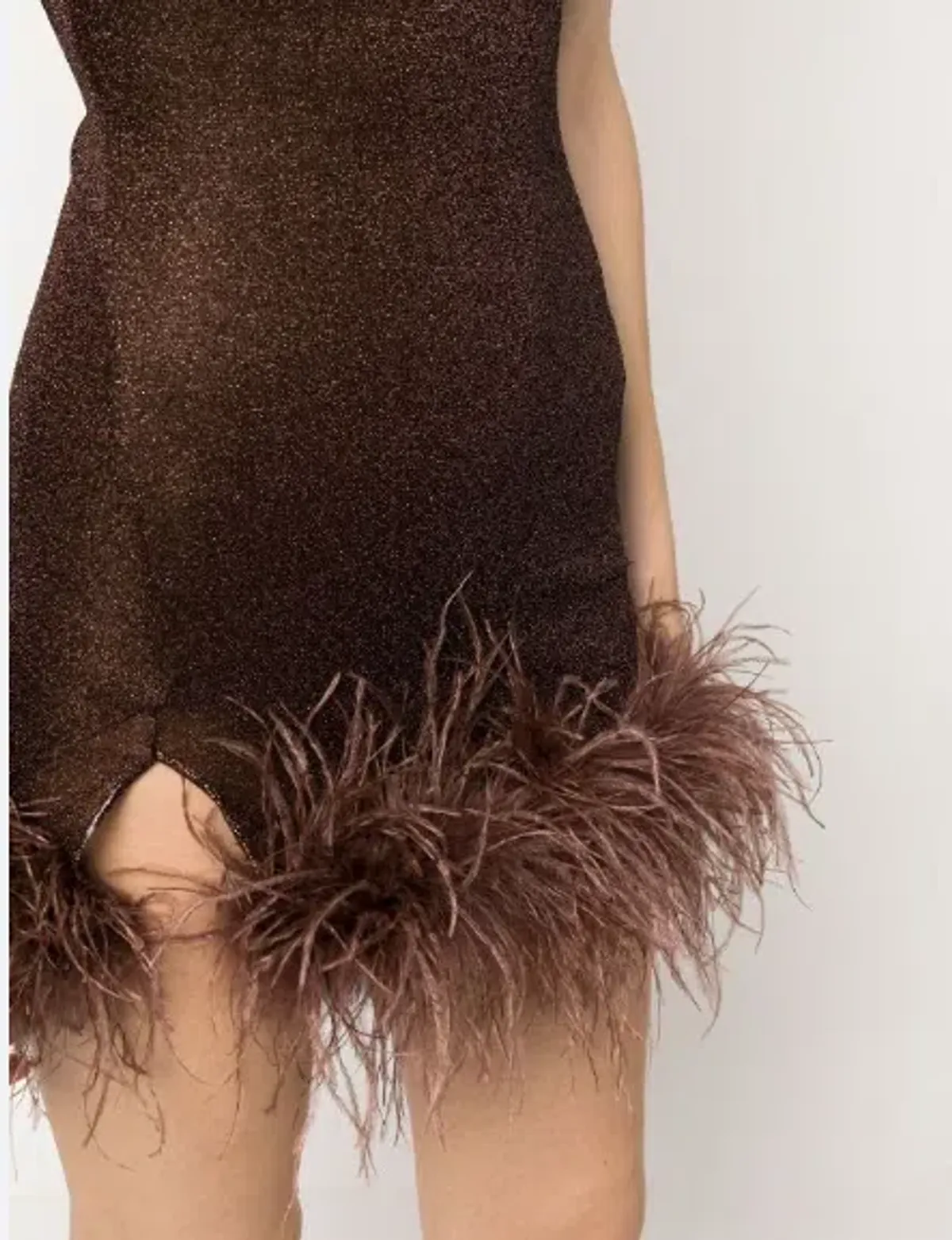 Oséree Feather Trim Glitter Mini Dress Brown Size 10 - Image 3