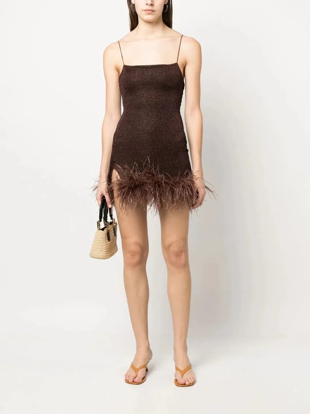 Oséree Feather Trim Glitter Mini Dress Brown Size 10 for rent on The Volte - main image