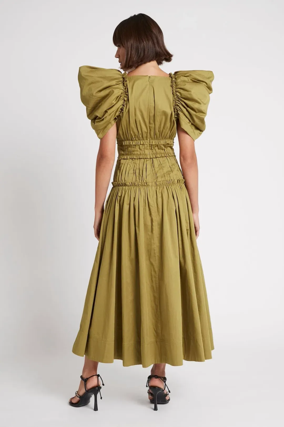Aje Frequency Puff Butterfly Sleeve Midi Dress Khaki Size 8 for rent on The Volte - main image