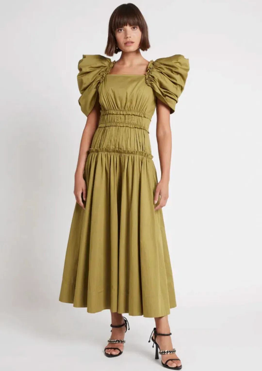 Aje Frequency Puff Butterfly Sleeve Midi Dress Khaki Size 8 for rent on The Volte - main image