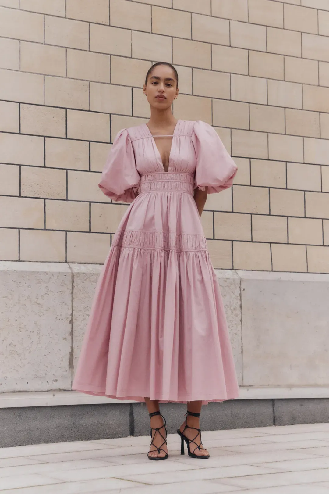 Aje Fallingwater Ruched Midi Dress in Chalk Pink Size AU 12 for rent on The Volte - main image