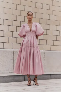 Aje Fallingwater Ruched Midi Dress in Chalk Pink Size AU 12 for rent on The Volte - image 1