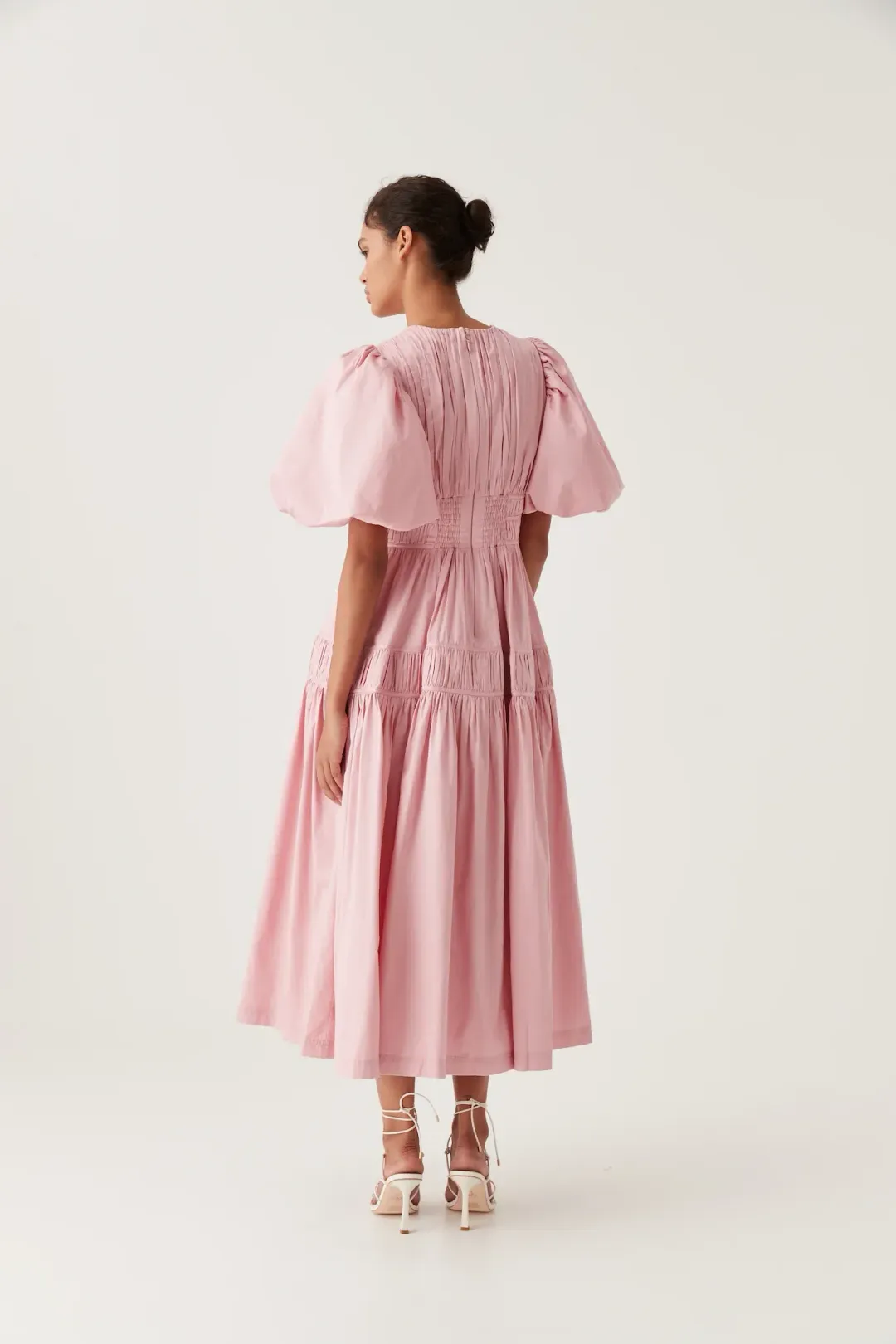 Aje Fallingwater Ruched Midi Dress in Chalk Pink Size AU 14 for rent on The Volte - main image