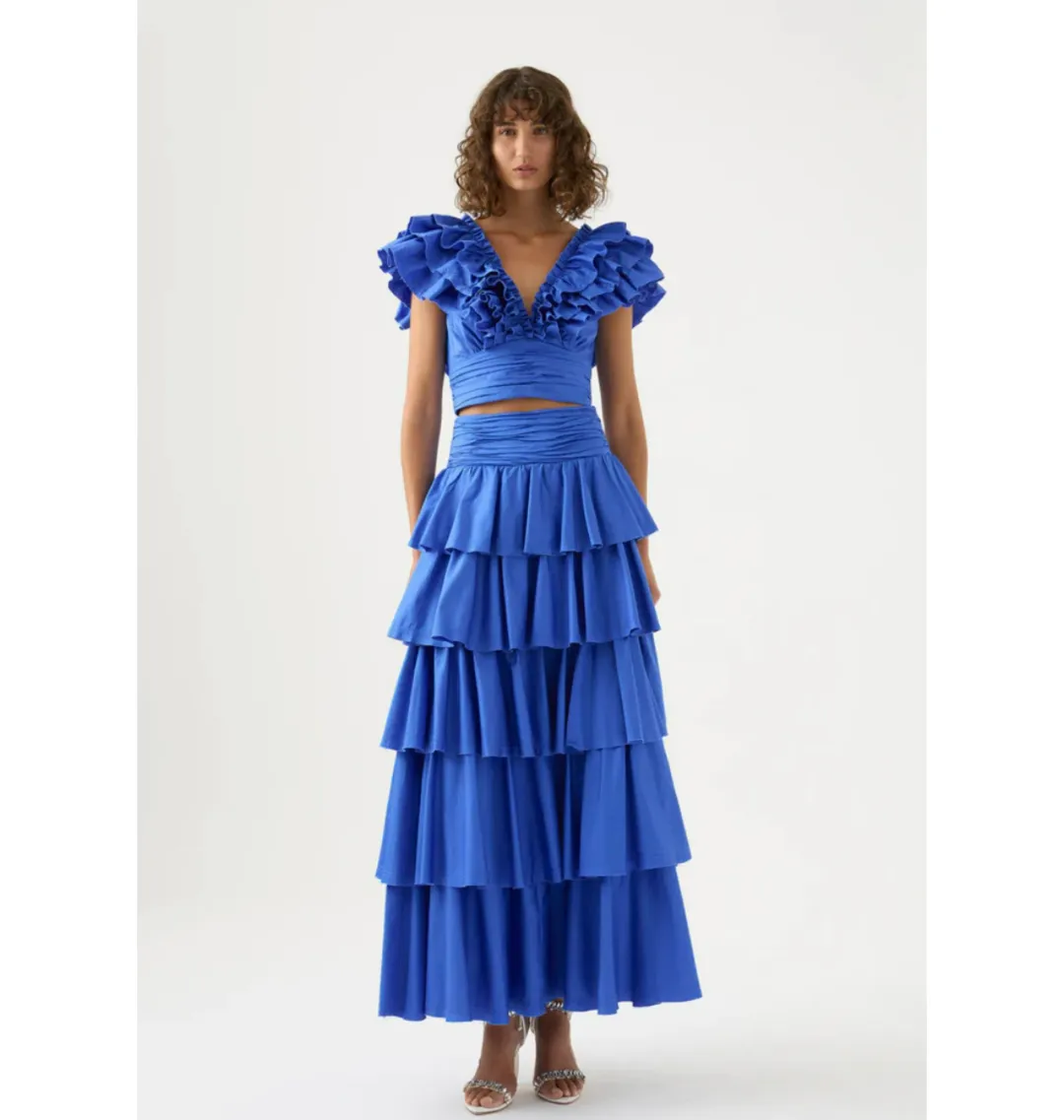 Aje Rhythmic Frill Bodice Size AU 8 & Eleni Tiered Maxi Skirt Size AU 10 Set Blue for rent on The Volte - main image