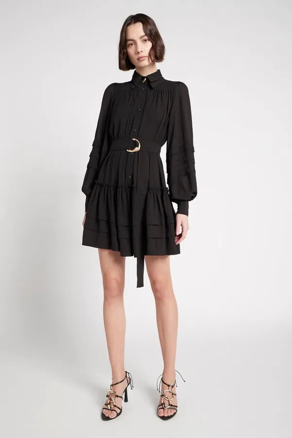 Aje Aurora Belted Trim Puff Sleeve Mini Shirt Dress Black Size 8 - Image 1