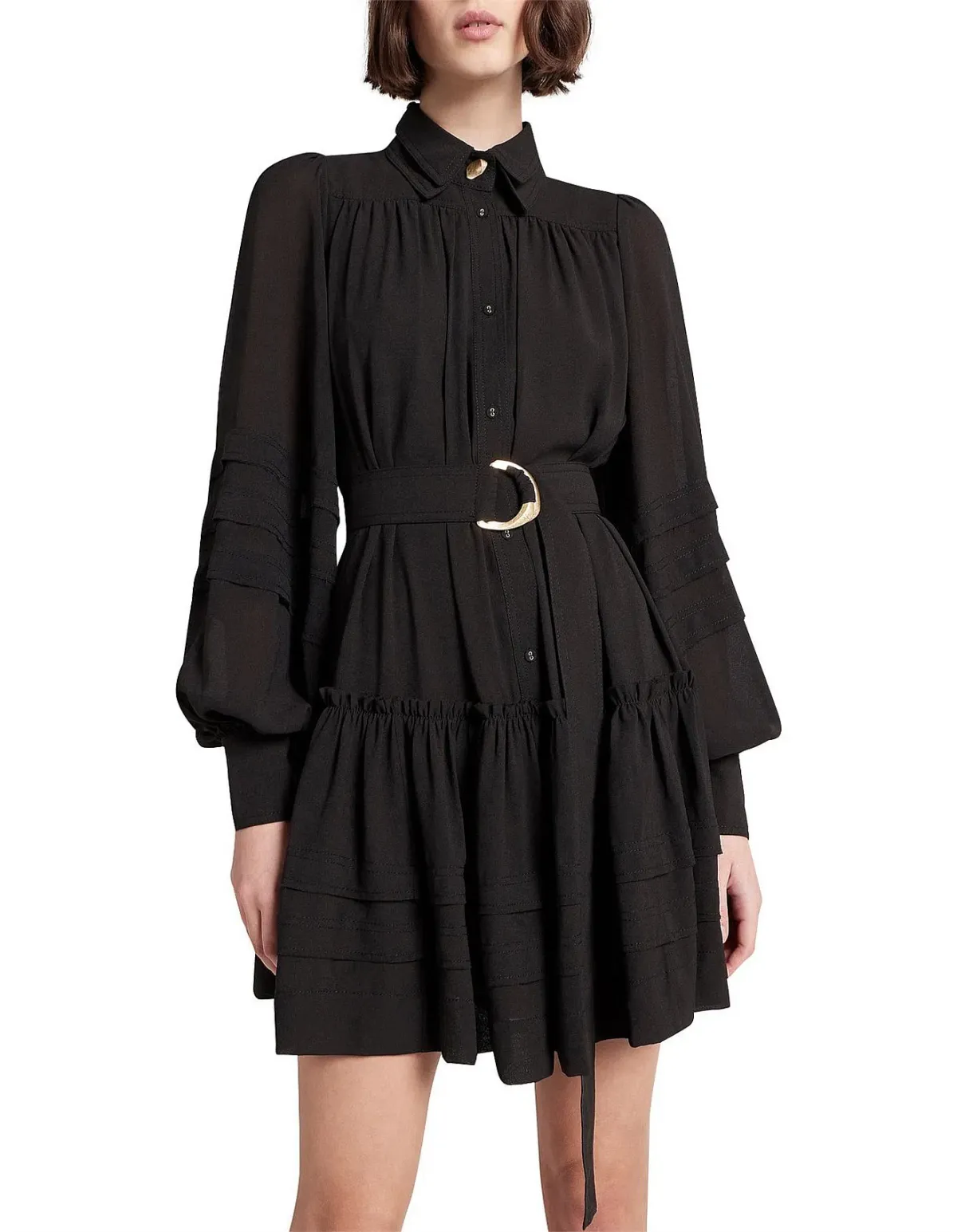 Aje Aurora Belted Trim Puff Sleeve Mini Shirt Dress Black Size 8 - Image 2