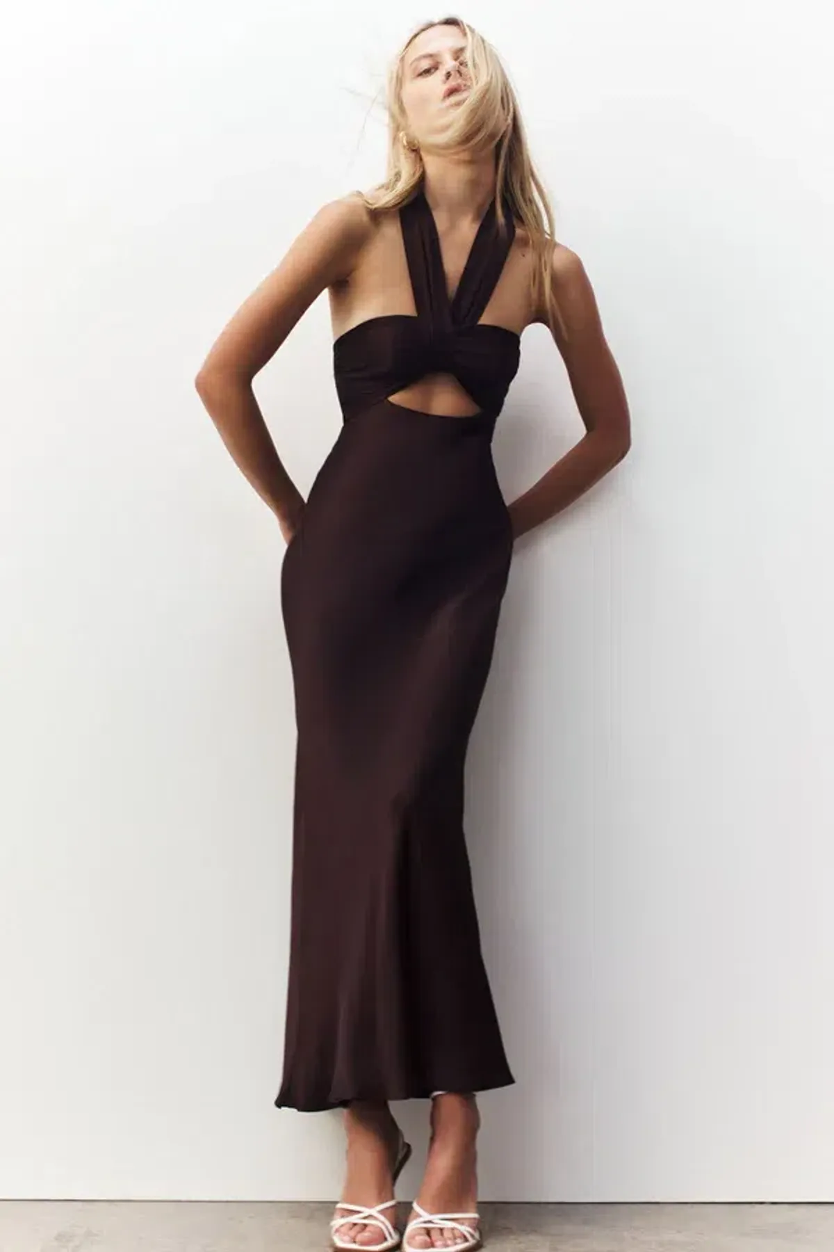 Shona Joy Lana Ruched Halter Midi Dress in Cocoa Size 14 - Image 4