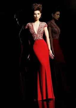 Sherri Hill 2960 Plunge Neck Cap Sleeve Evening Gown with Tail Red Size S / AU 8 for rent on The Volte - image 1