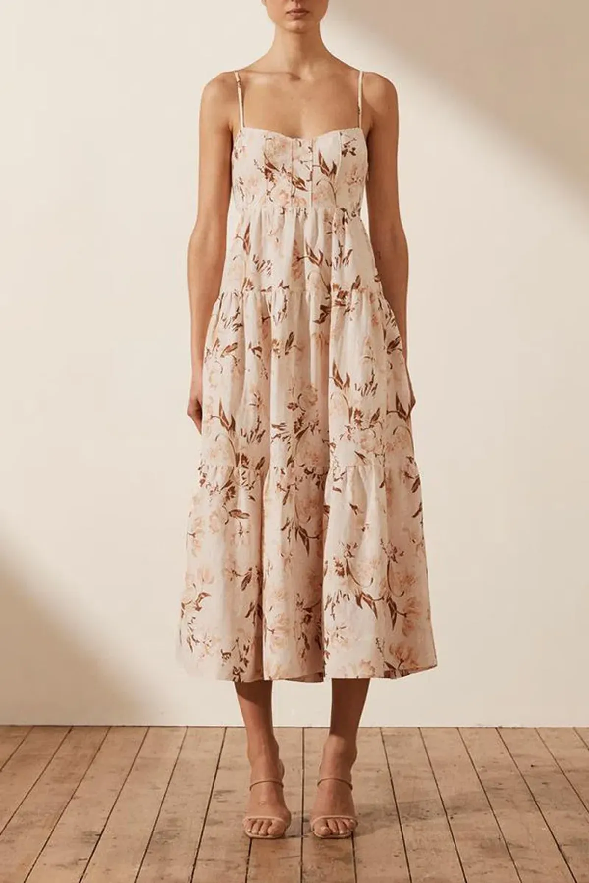 Shona Joy Roxane Linen Tiered Midi Dress Floral Size 6 - Image 1