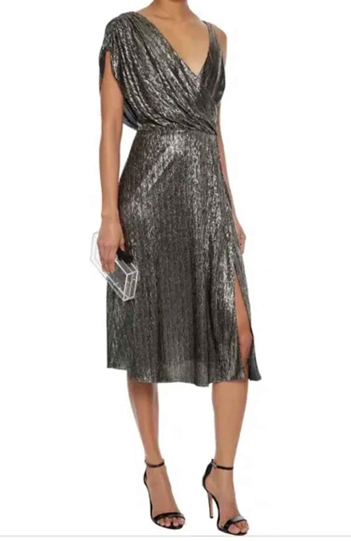 Alice & Olivia Roxy Drape Midi Dress Metallic Size 10 - Image 3