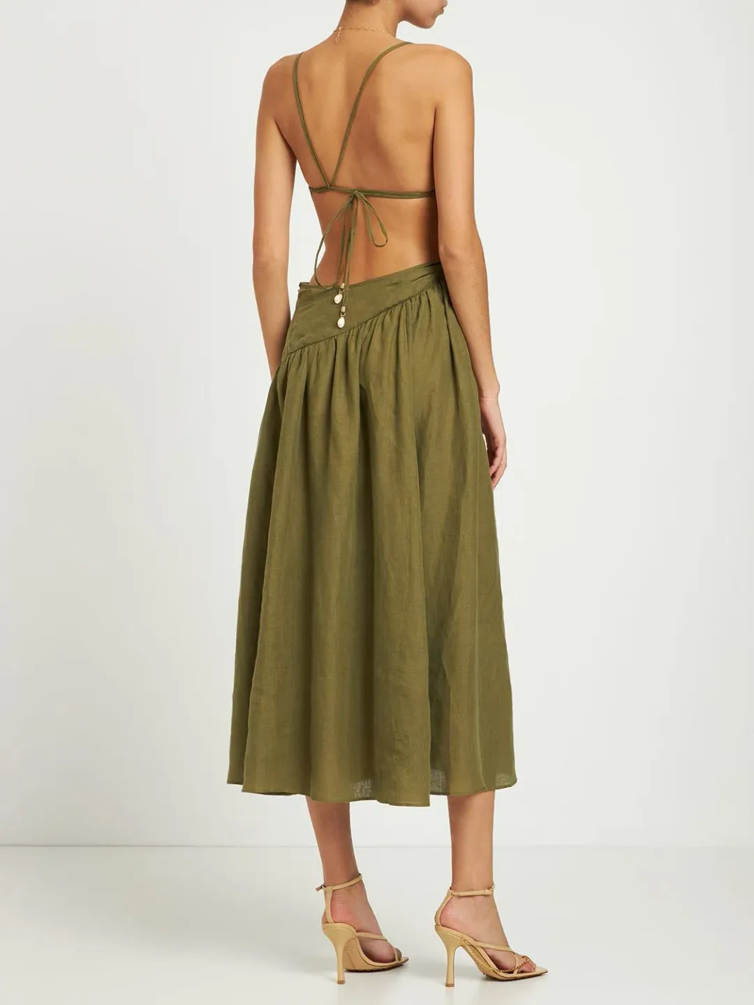 Zimmermann Laurel Asymmetric Midi Dress Olive Green Size 0 / AU 8 for rent on The Volte - main image