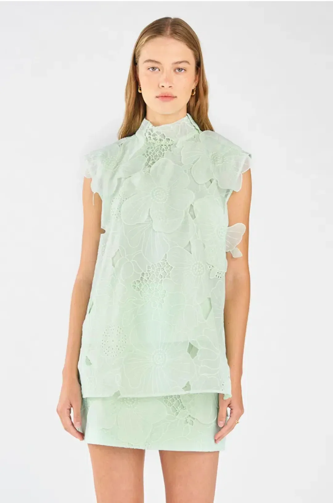 Oroton Tie Neck Lace Top Size AU 8 & Lace Mini Skirt Size AU 10 Set Sea Spray for rent on The Volte - main image