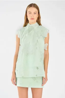 Oroton Tie Neck Lace Top Size AU 8 & Lace Mini Skirt Size AU 10 Set Sea Spray for rent on The Volte - image 2