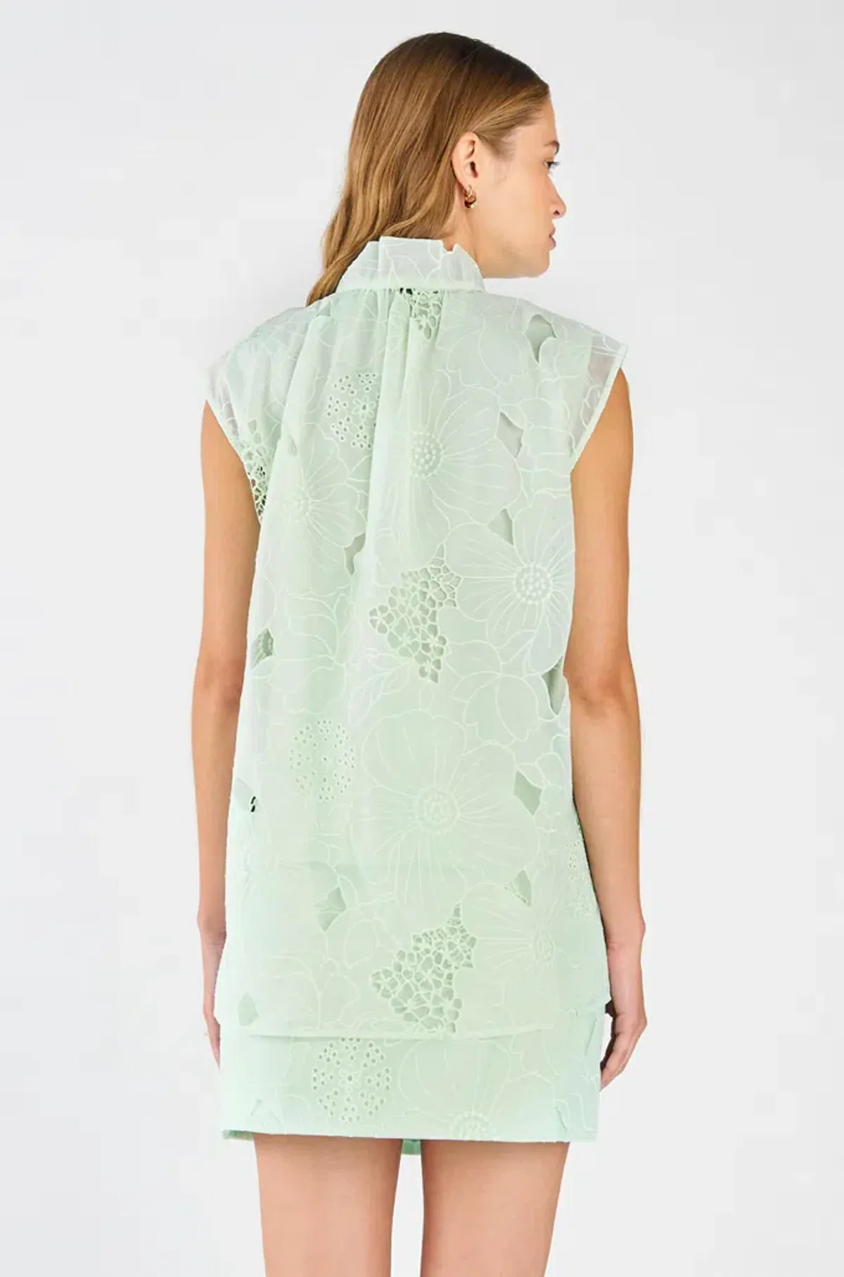 Oroton Tie Neck Lace Top Size AU 8 & Lace Mini Skirt Size AU 10 Set Sea Spray - Image 3