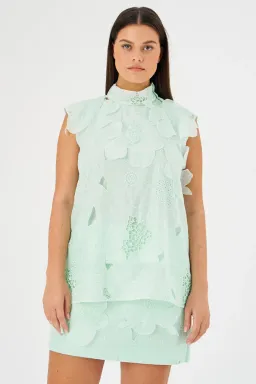 Oroton Tie Neck Lace Top Size AU 8 & Lace Mini Skirt Size AU 10 Set Sea Spray for rent on The Volte - image 4
