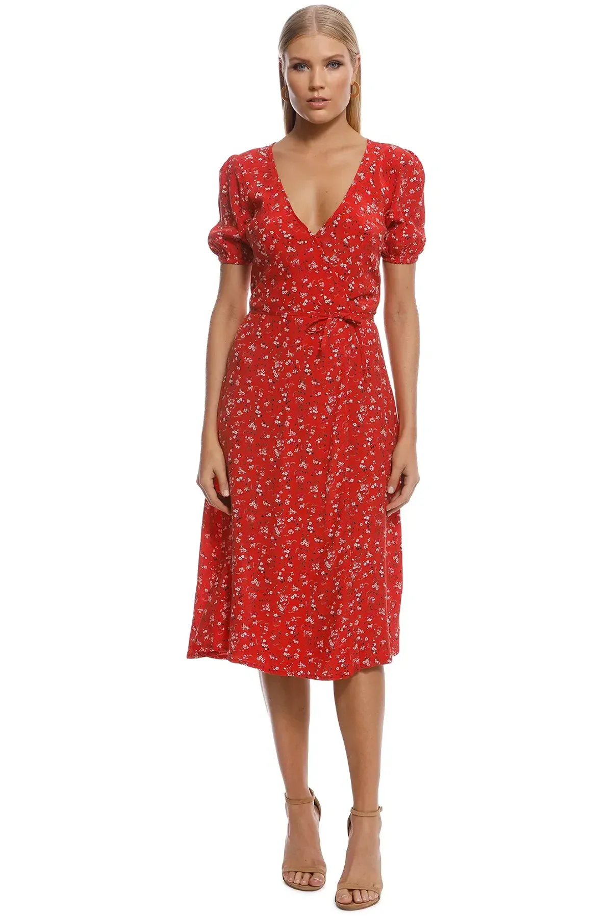 Kookai Zariah Wrap Midi Dress Red Multi Size 36 for rent on The Volte - main image