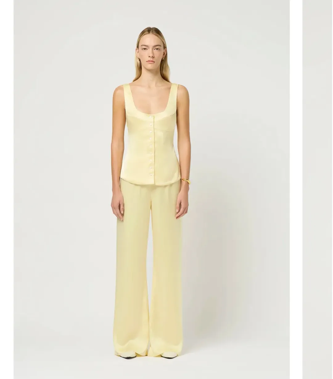 Maison Essentiele Button Down Vest and Straight Leg Pant Set Pale Yellow XS/Au 6 for rent on The Volte - main image