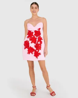 Oroton Contrast 3D Flower Mini Dress Pink Multi Size 4 for rent on The Volte - image 1