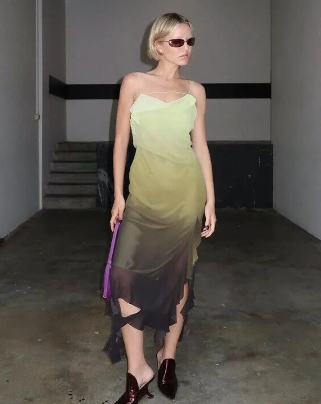 Acne Studios Asymmetric Ruffled Ombré Chiffon Midi Dress Green Size 10 for rent on The Volte - main image