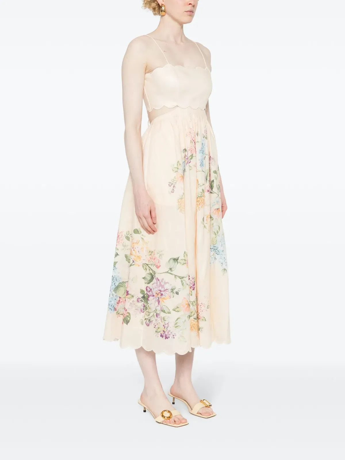 Zimmermann Halliday Scallop Midi Dress Cream Watercolour Floral Size 0 / AU 8 - Image 1