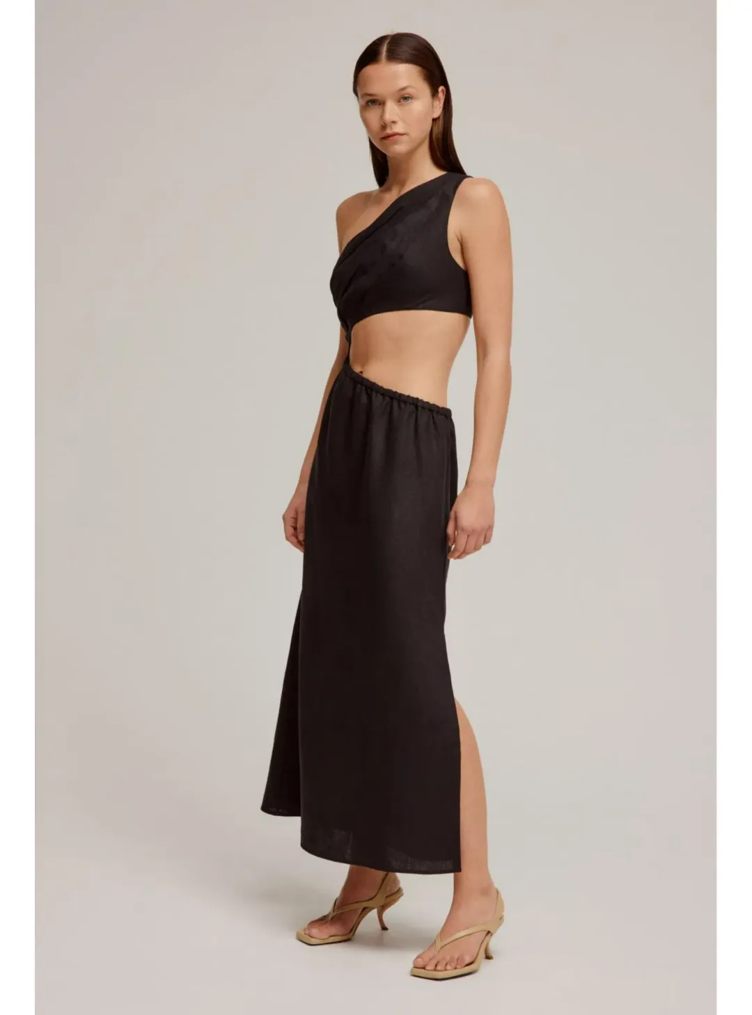Venroy Draped One Shoulder Cut Out Midi Dress Black Size M / AU 10 for rent on The Volte - main image
