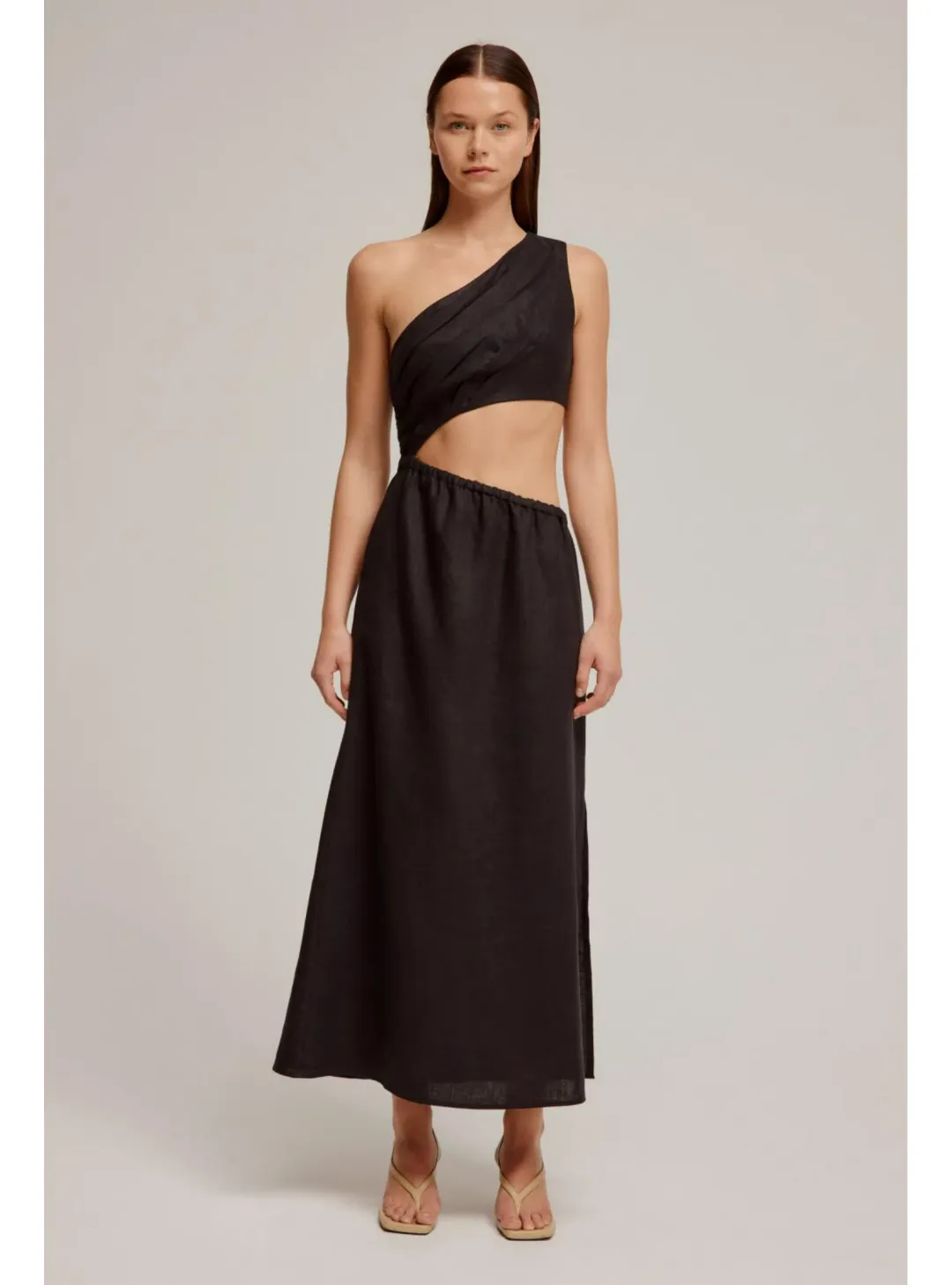Venroy Draped One Shoulder Cut Out Midi Dress Black Size M / AU 10 for rent on The Volte - main image