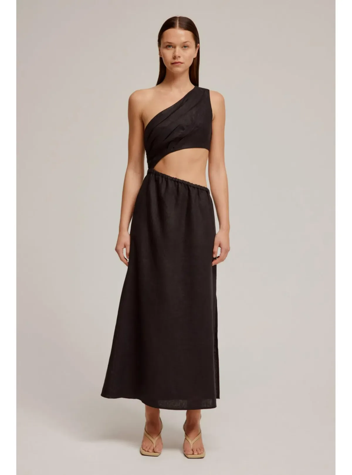 Venroy Draped One Shoulder Cut Out Midi Dress Black Size M / AU 10 for rent on The Volte - main image