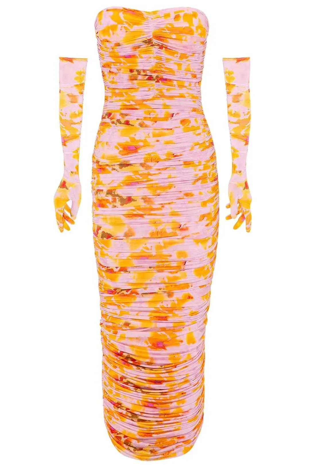 Alex Perry Parton Ruched Strapless Midi Dress with Gloves Multi Size 6AU for rent on The Volte - main image