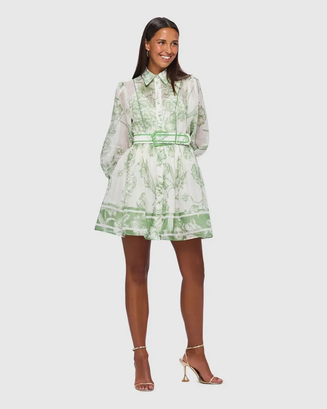 Leo Lin Cassandra Belted Mini Dress Harmony Print in Celadon Size AU 10 for rent on The Volte - main image