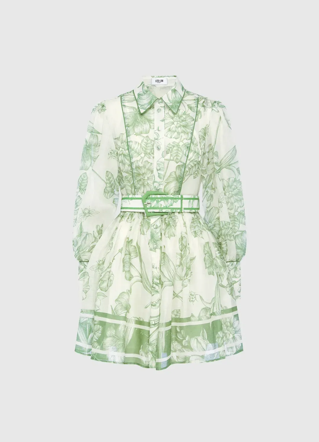 Leo Lin Cassandra Belted Mini Dress Harmony Print in Celadon Size AU 10 for rent on The Volte - main image