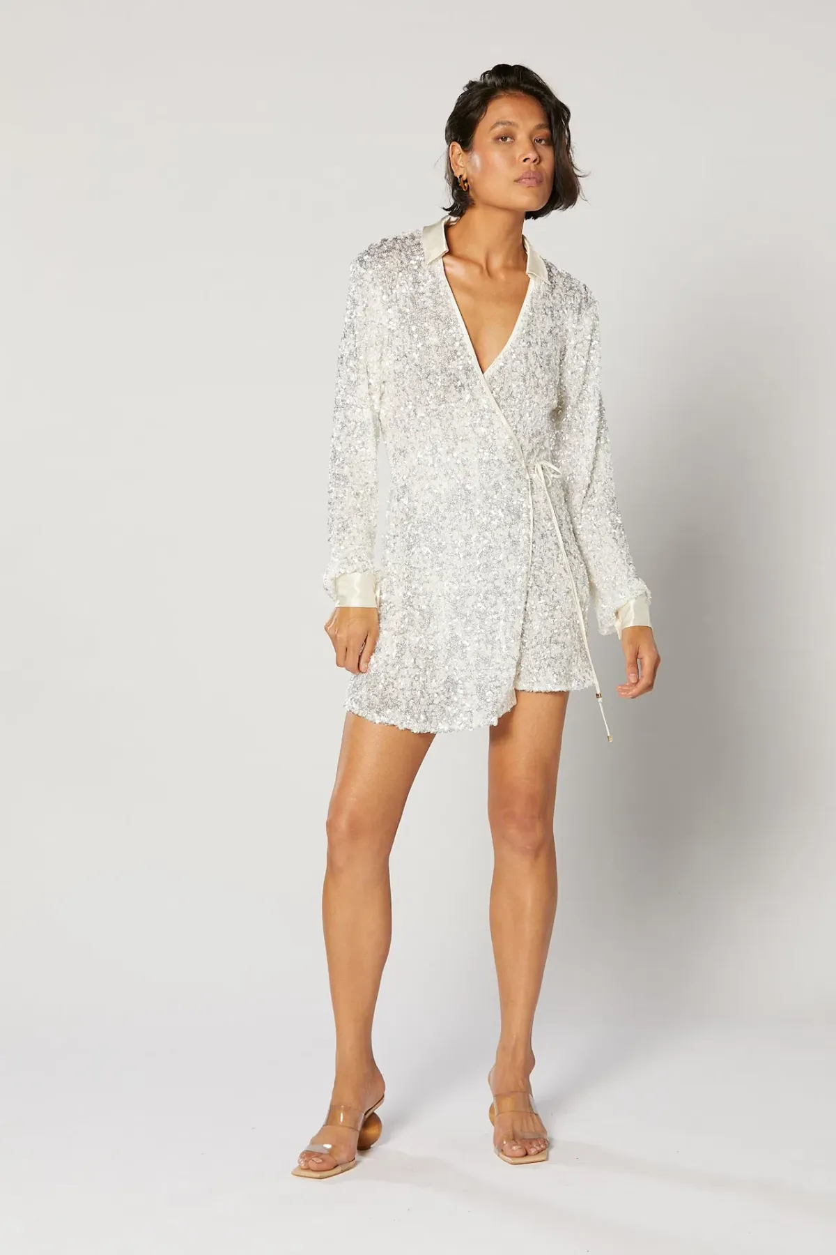 Winona Arissa Wrap Shirt Dress White Sequin Size 8 for rent on The Volte - main image