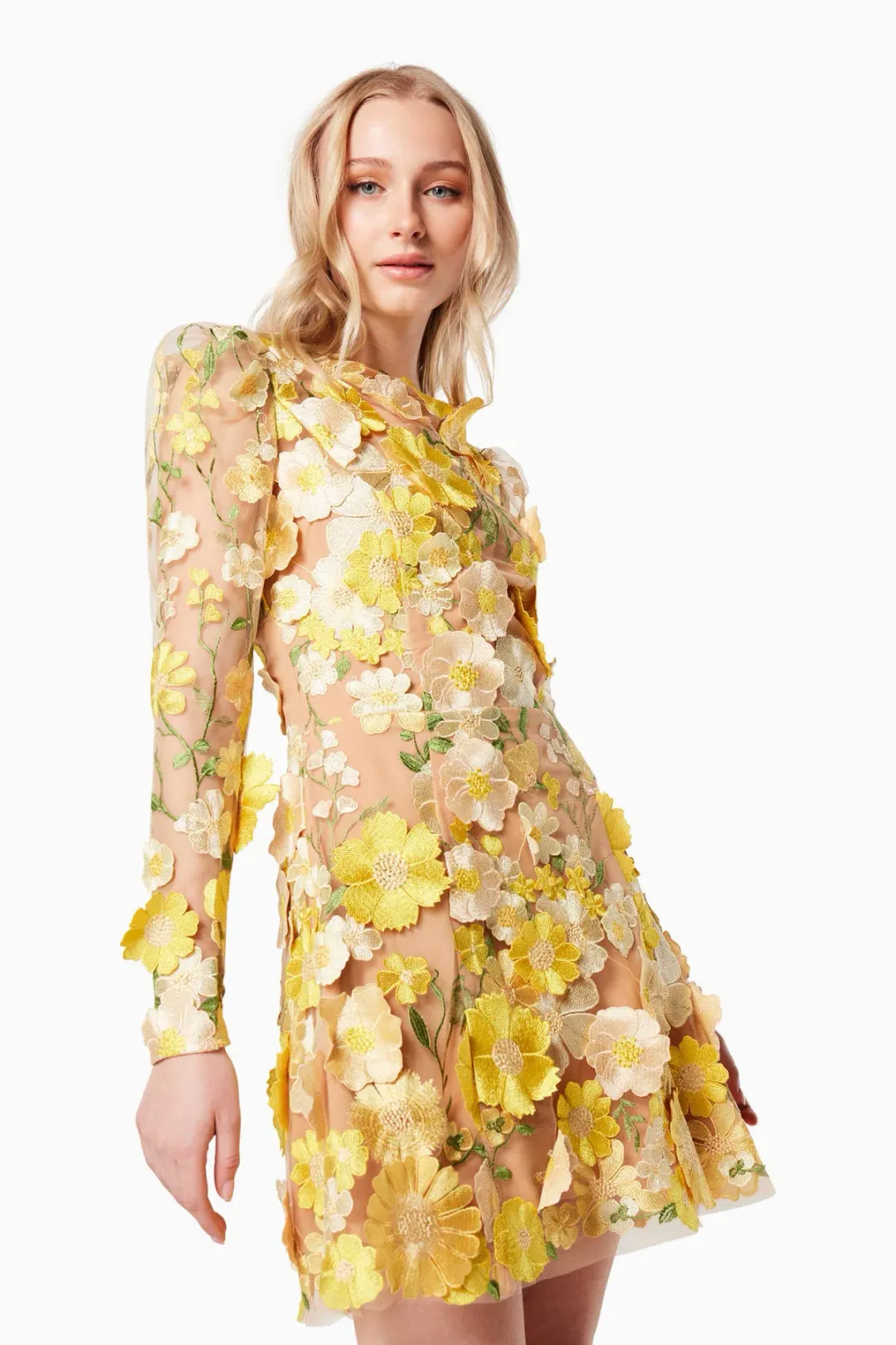 Elliatt Goldenvoice 3D Floral Mini Dress in Yellow Size 12 for rent on The Volte - main image