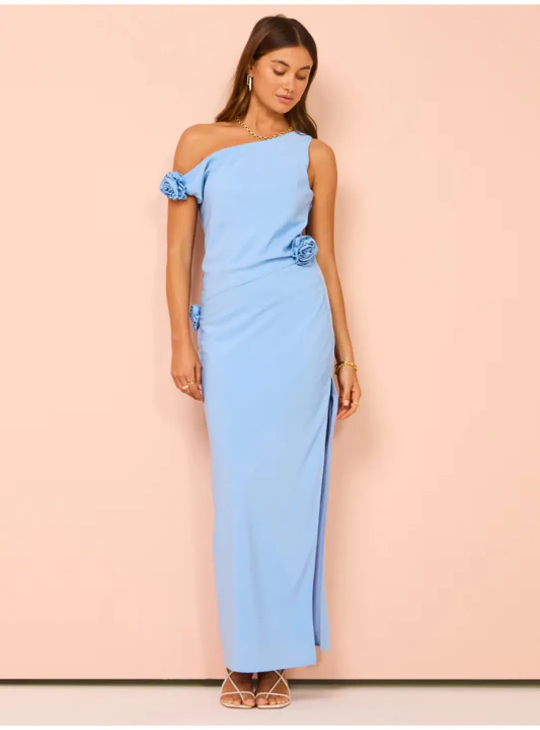 Issy Off Shoulder Flower Maxi Dress In Blue Size AU 12 for rent on The Volte - main image