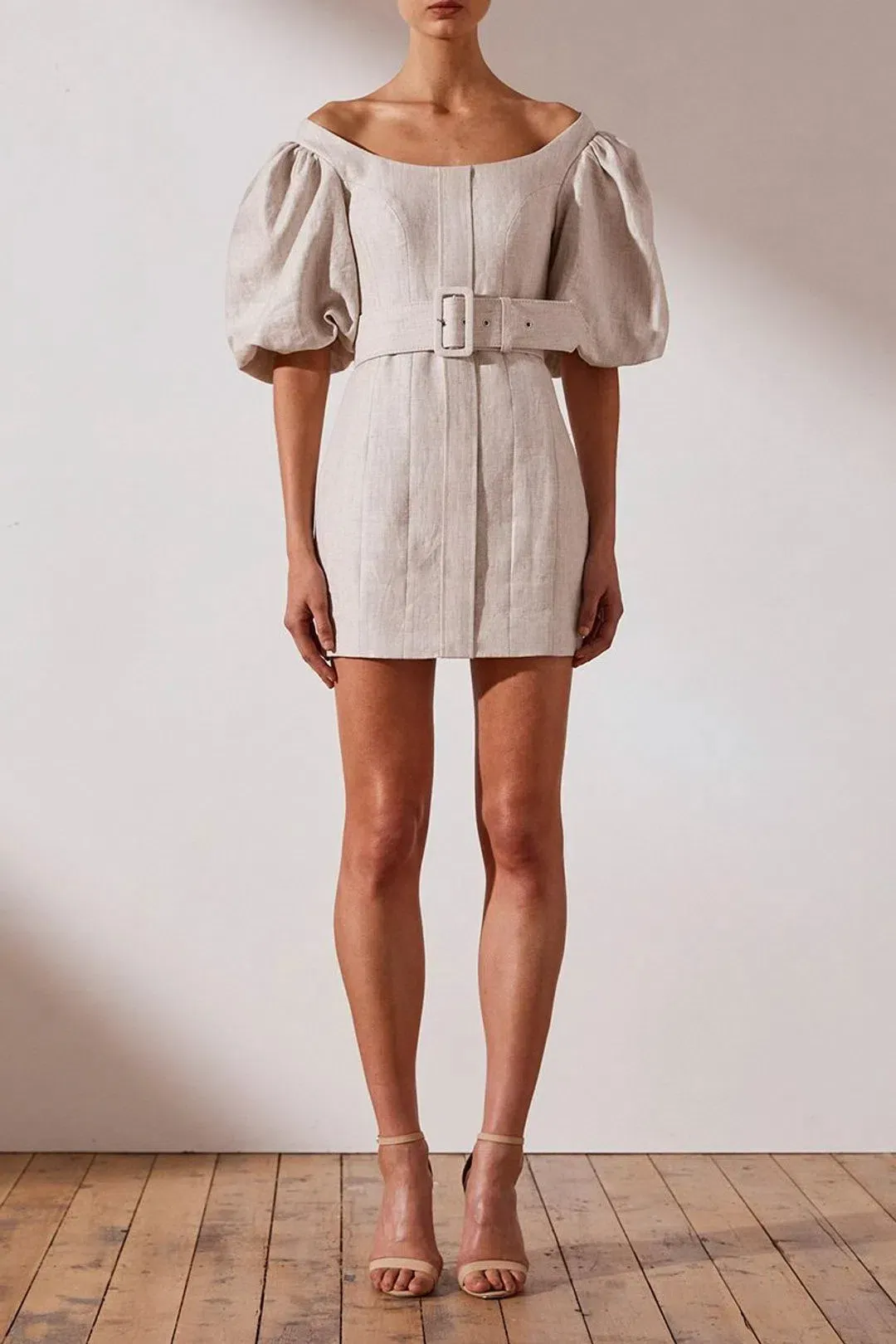 Shona Joy Hamilton Off The Shoulder Fitted Mini Dress Natural Stone Size 10 for rent on The Volte - main image