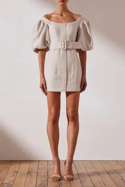 Shona Joy Hamilton Off The Shoulder Fitted Mini Dress Natural Stone Size 10 for rent on The Volte - image 2