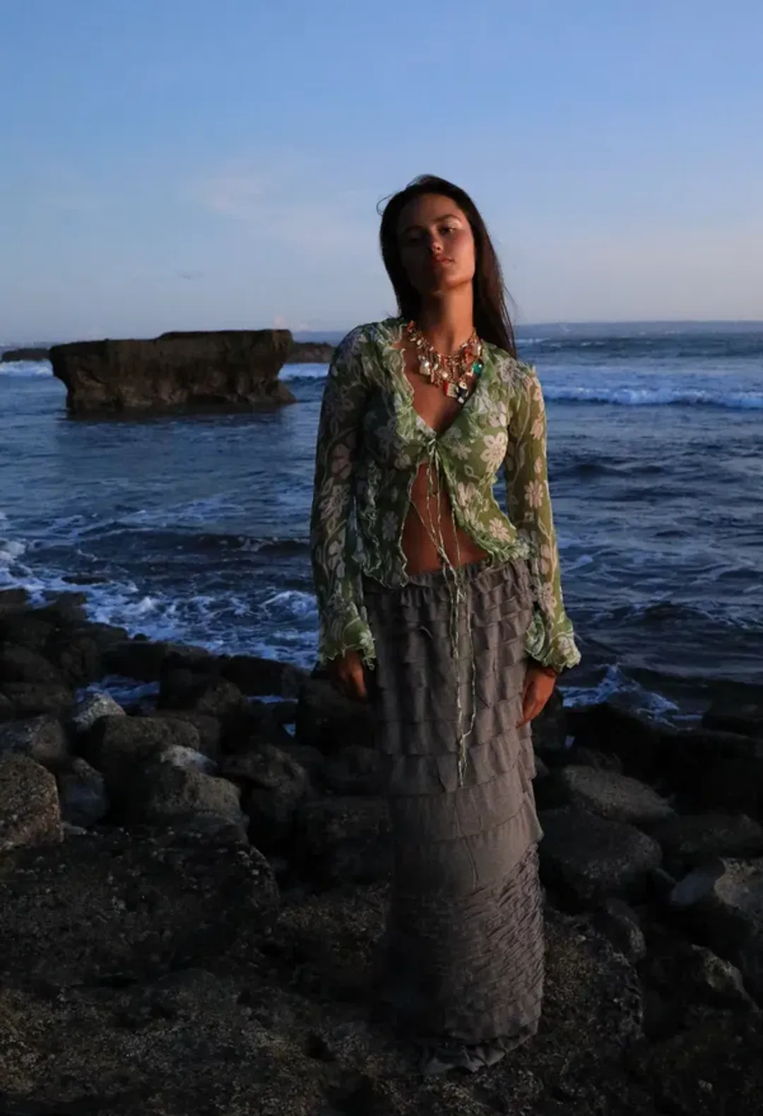 Ranaco Atelier Front Tie Blouse Moss Green One Size for rent on The Volte - main image