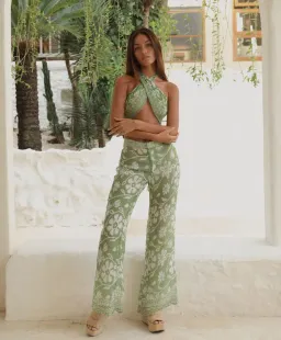 Ranaco Atelier Set: The Flared Pant Moss Green Size S/ AU 8 AND Ranaco Atelier Front Tie Blouse for rent on The Volte - image 1